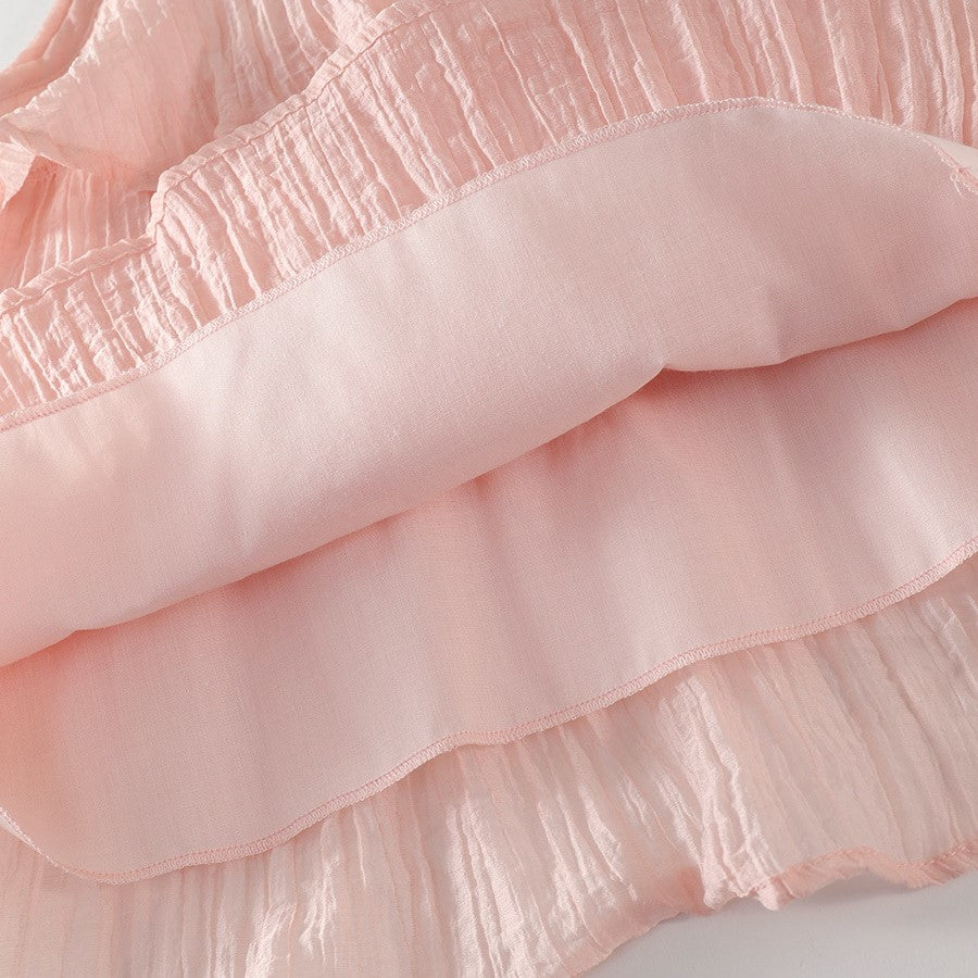 (In Production)Girls Pink Neck-wrap Tiered Dress