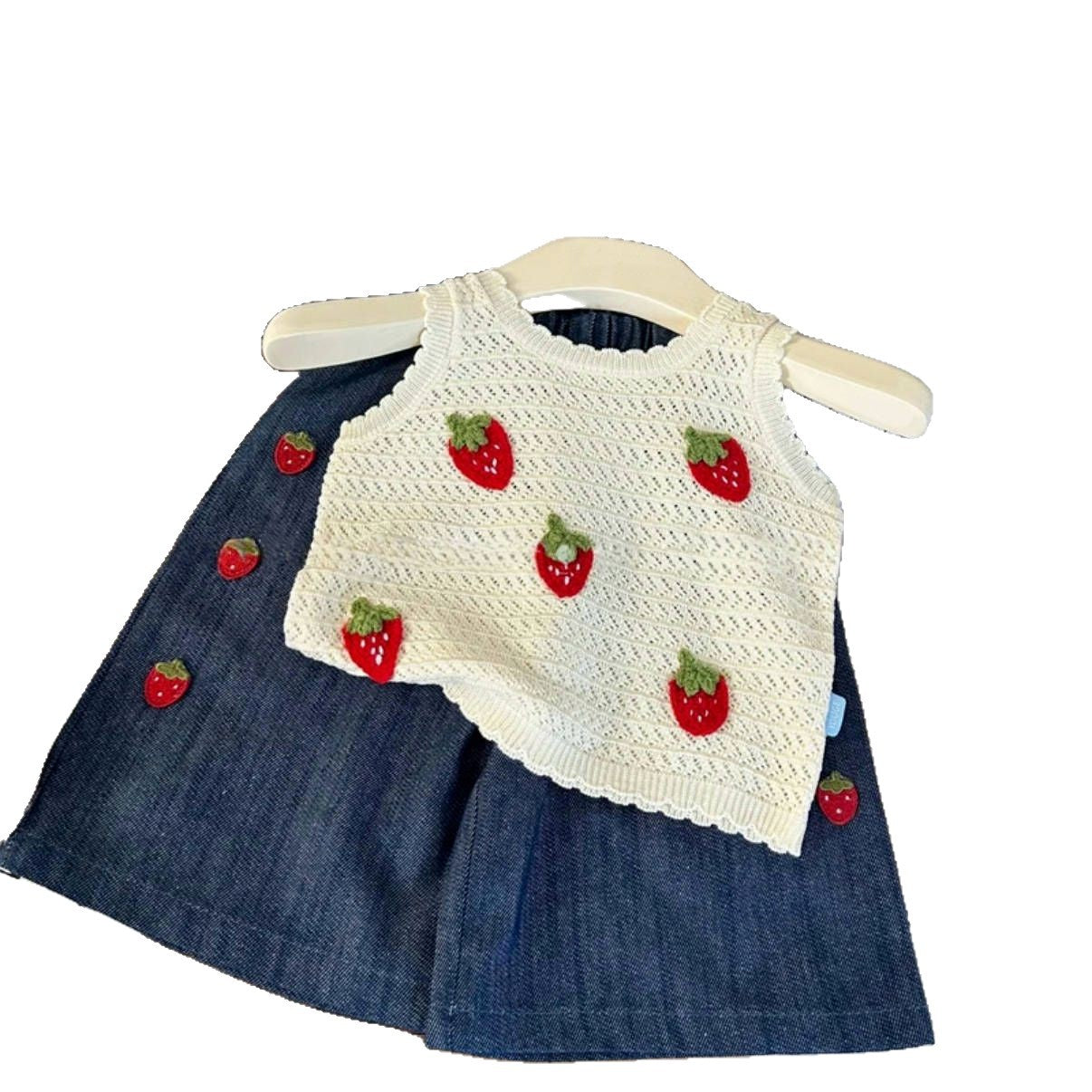 (In Production)Girls Spring&Summer Strawberry Embroidery Denim Pants Set
