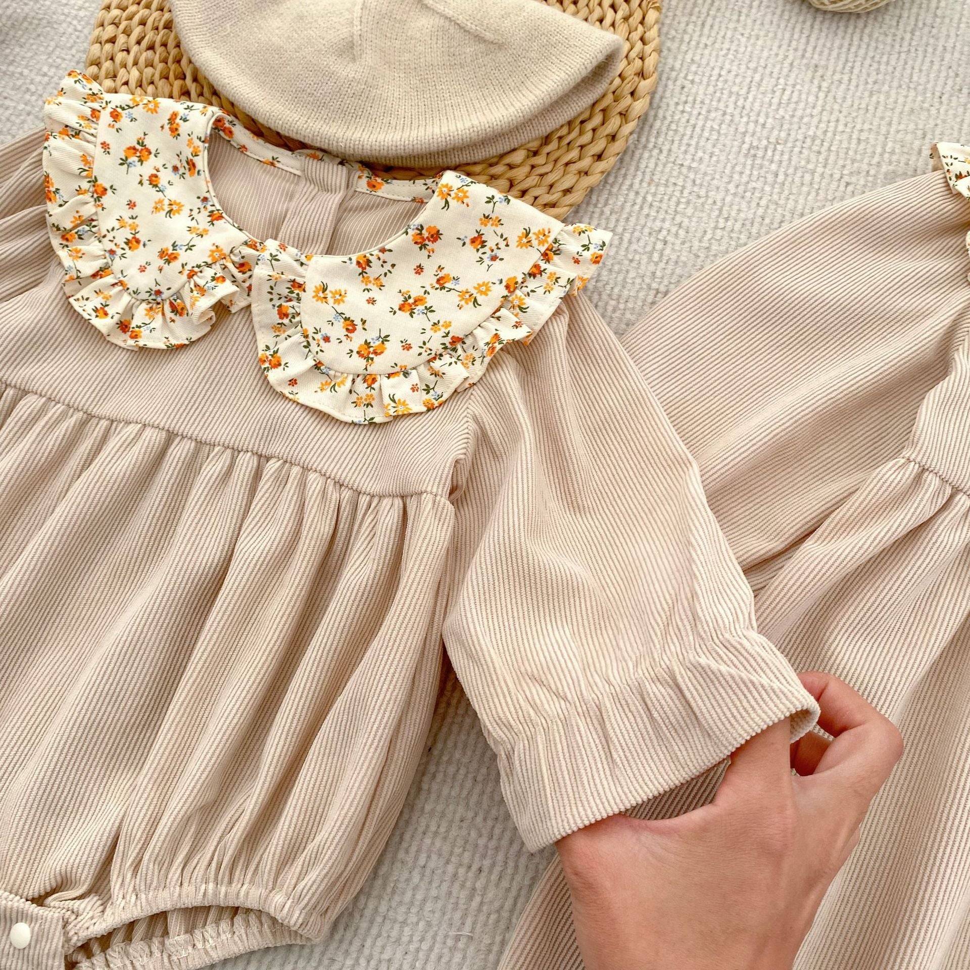 (Pre Order 2 Weeks)Sisters Fall Floral Ruffle Collar Corduroy Dress&Romper