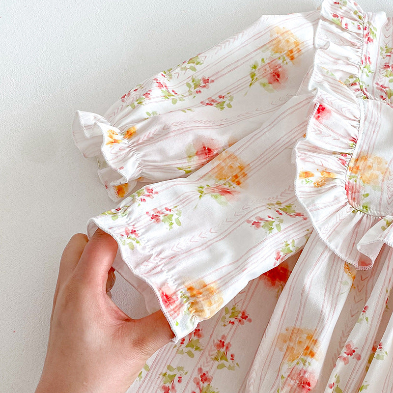 (In Production)Sisters Fall Floral Print Ruffle Dress&Romper