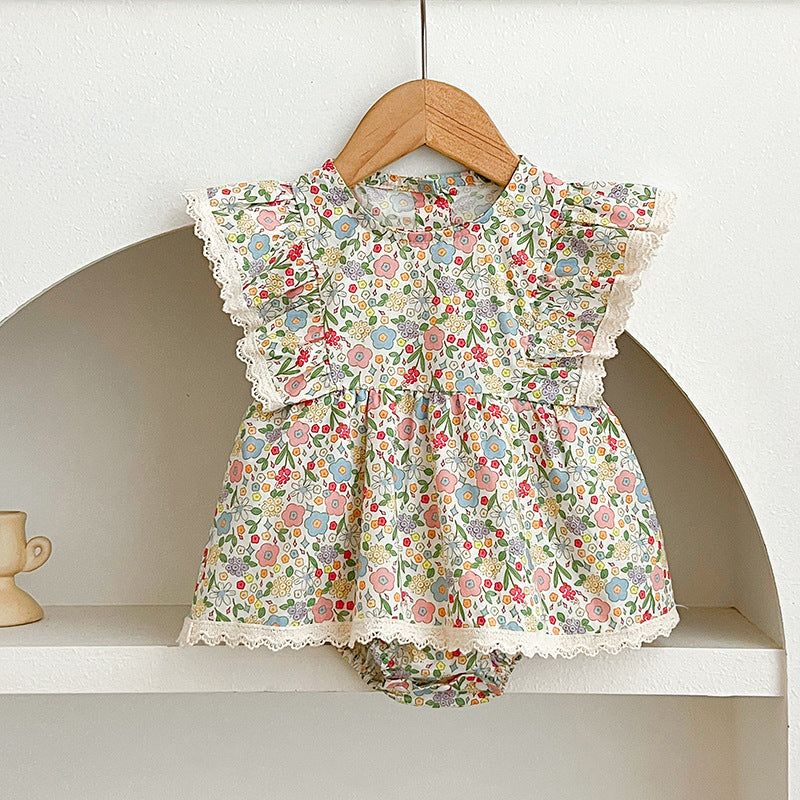 (In Production)Sisters Summer Floral Print Lace Dress&Romper