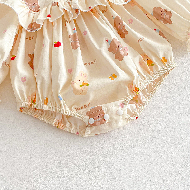 (Pre Order 2 Weeks)Sisters Fall Bear Print Ruffle Dress&Romper