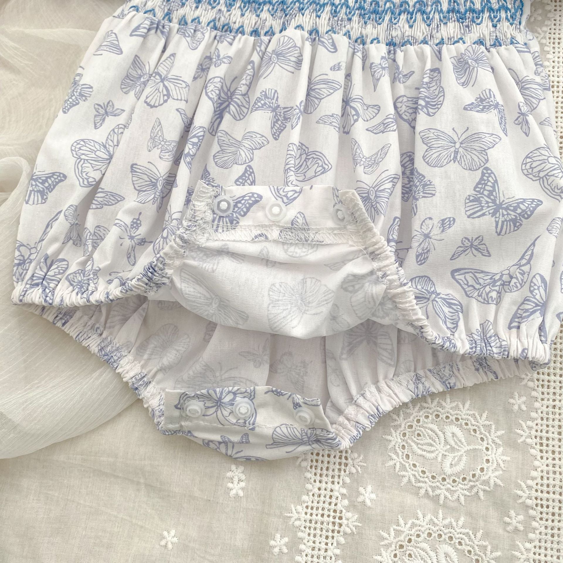 (In Production)Sisters Spring&Summer Blue Butterfly Print Smocked Dress,Romper