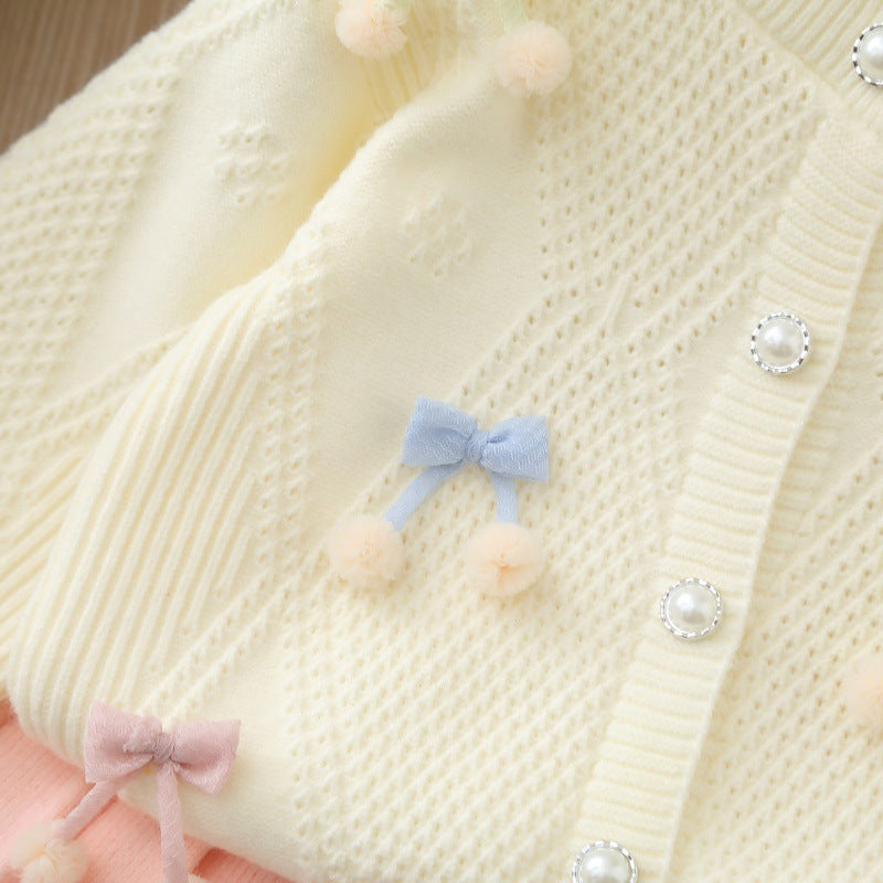(In Production)Girls Fall&Winter Cherry Sweater Cardigan Skirt Set