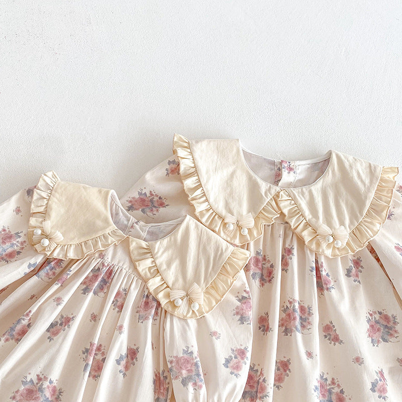 (Pre Order 2 Weeks)Sisters Fall Floral Print Ruffle Collar Dress&Romper