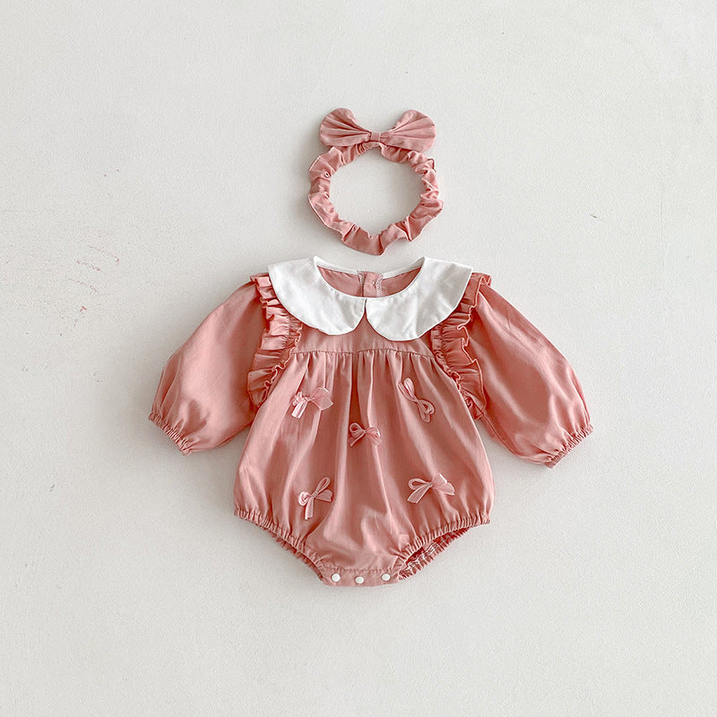 (In Production)Sisters Spring Pink Bow Doll Collar Dress&Romper