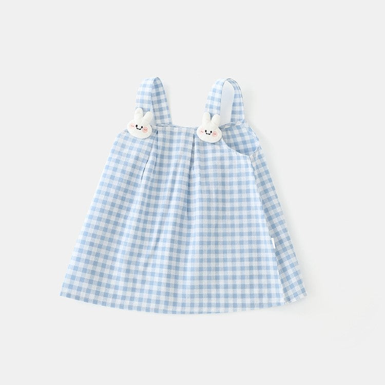 (Pre Order)Girls Spring and Summer Baby Blue Plaid Cotton Dress