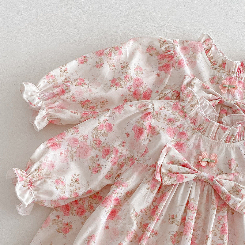 (Pre Order 2 Weeks)Sisters Fall Floral Print Bow Dress&Romper