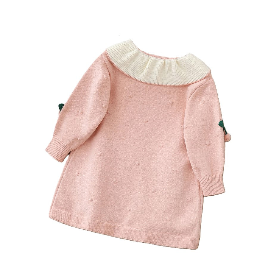 (In Production)Girls Christmas Red&Pink Cherry Doll Collar Sweater