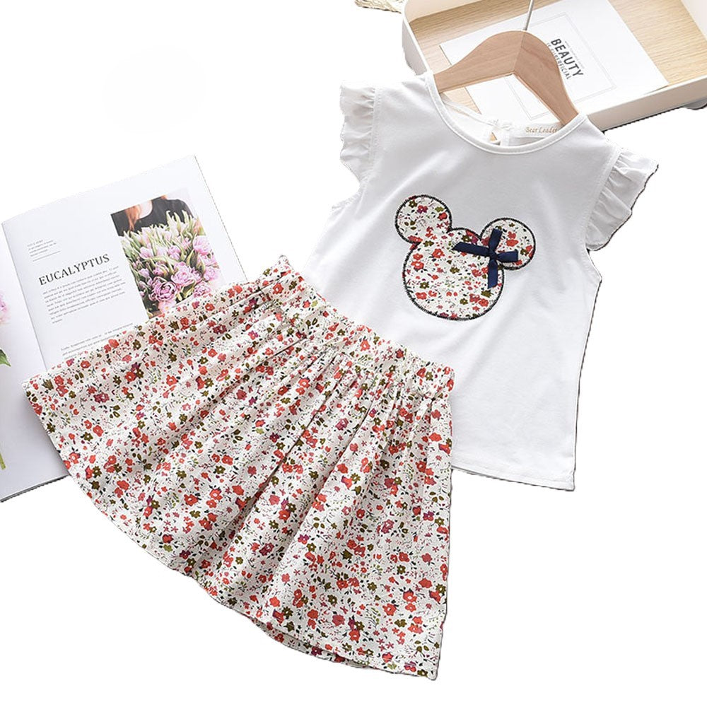 (In Production)Girls Spring and Summer Cartoon Applique Skirt Set