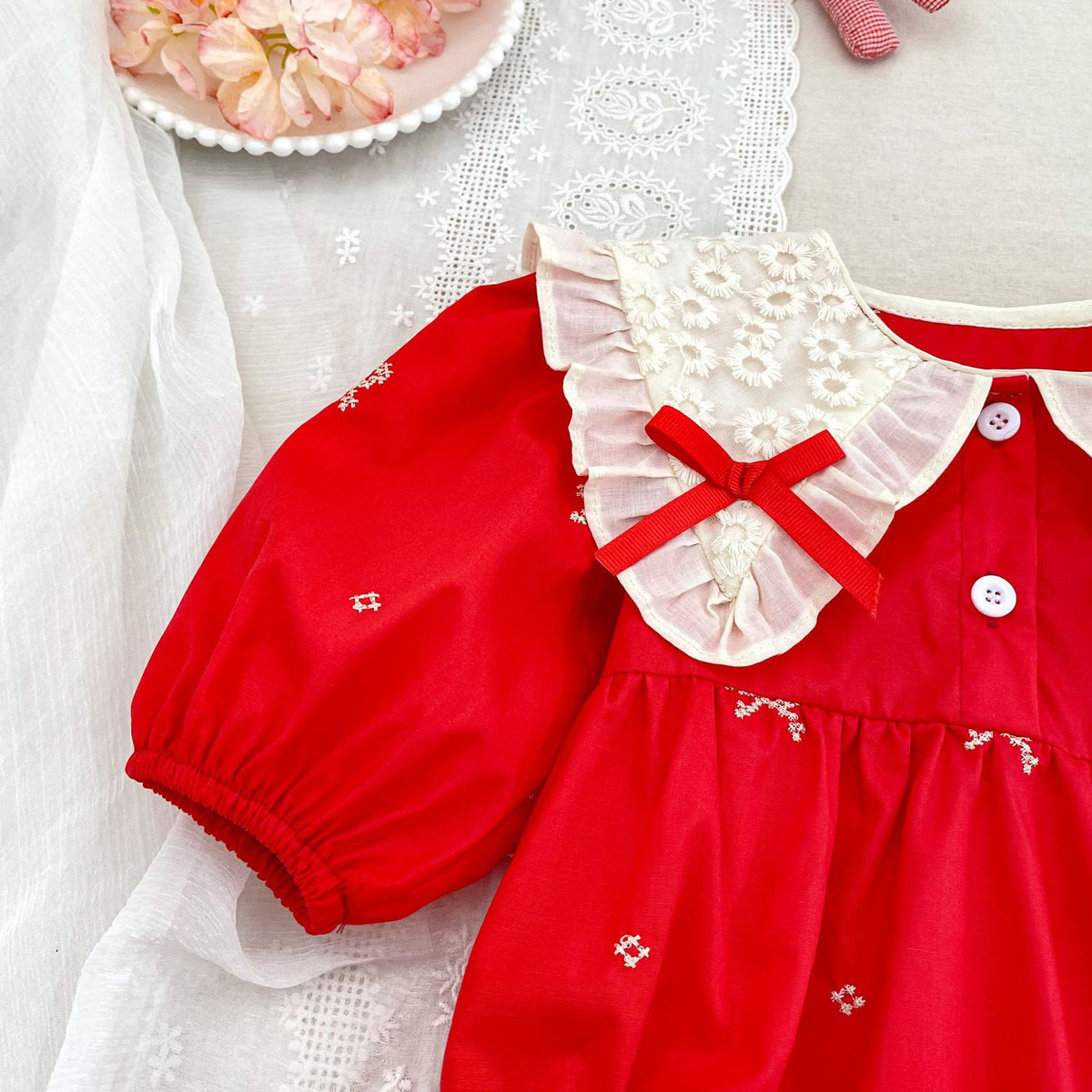 (Pre Order 2 Weeks)Sisters Christmas Bow Embroidery Dress&Romper