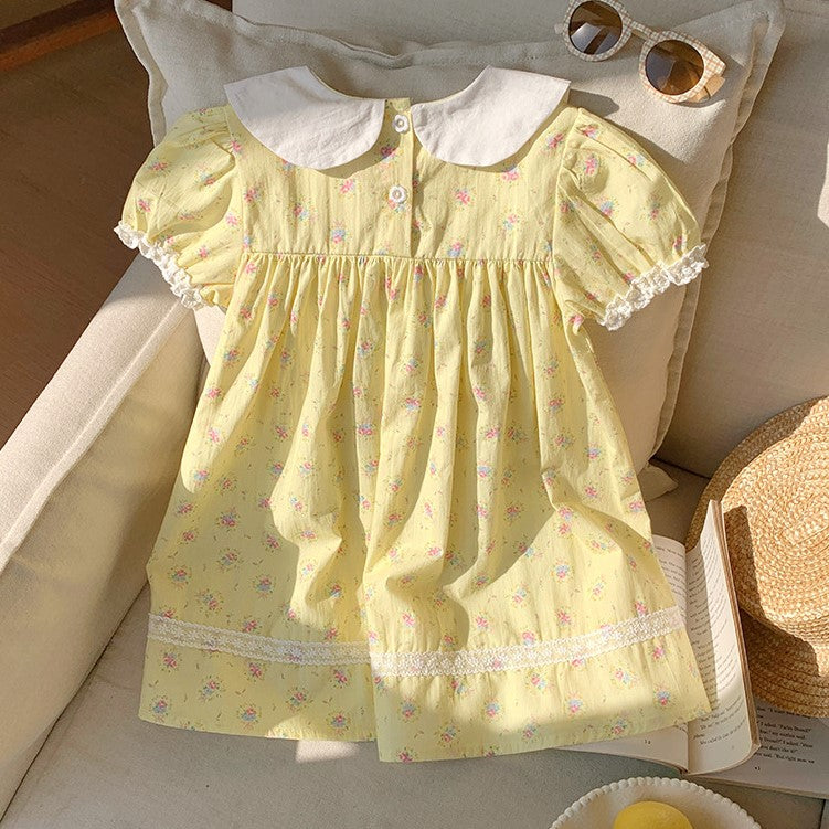 (In Production)Girls Spring&Summer Yellow Floral Print Doll Collar Dress