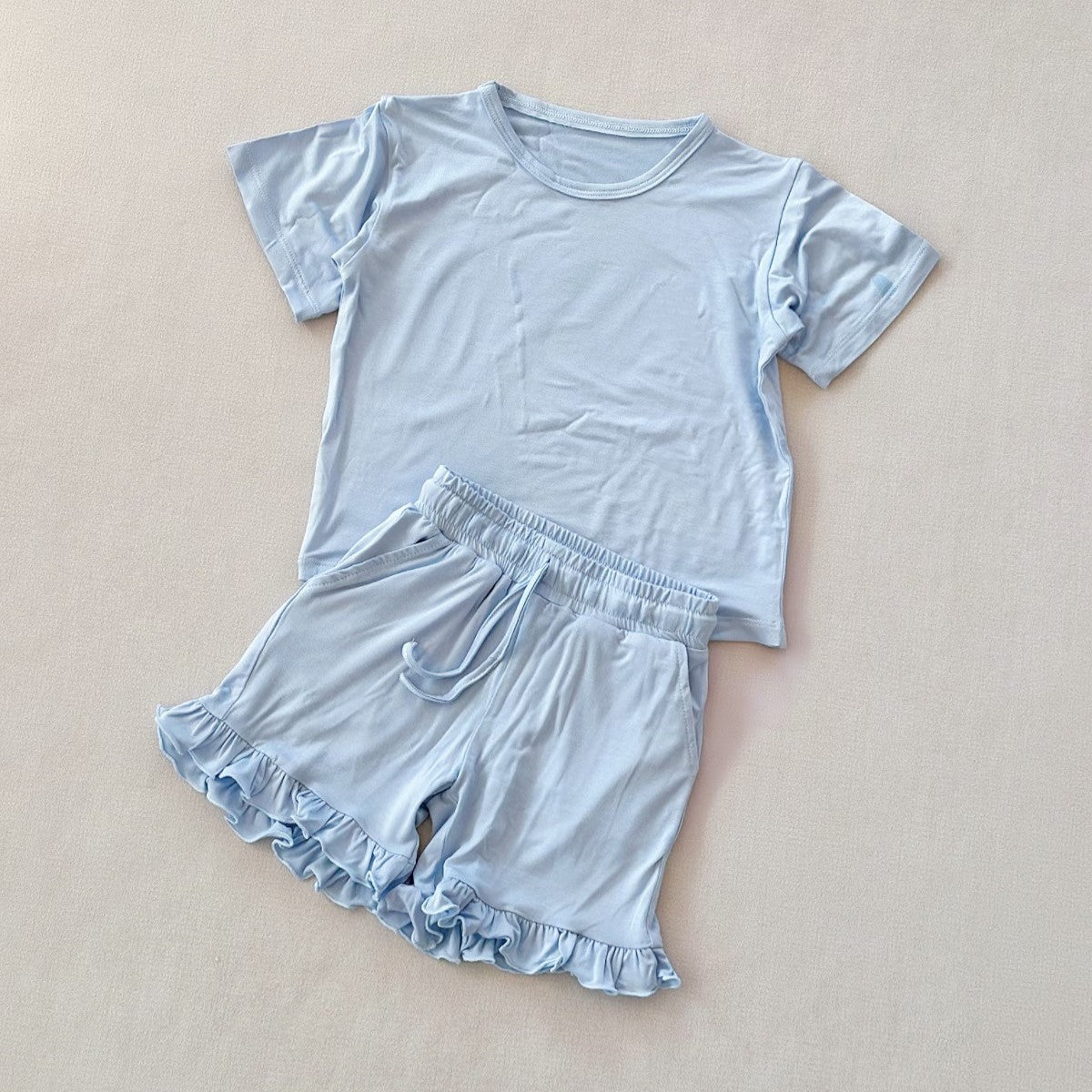 (In Production)Girls Spring&Summer Solid Color Ruffle Short Set
