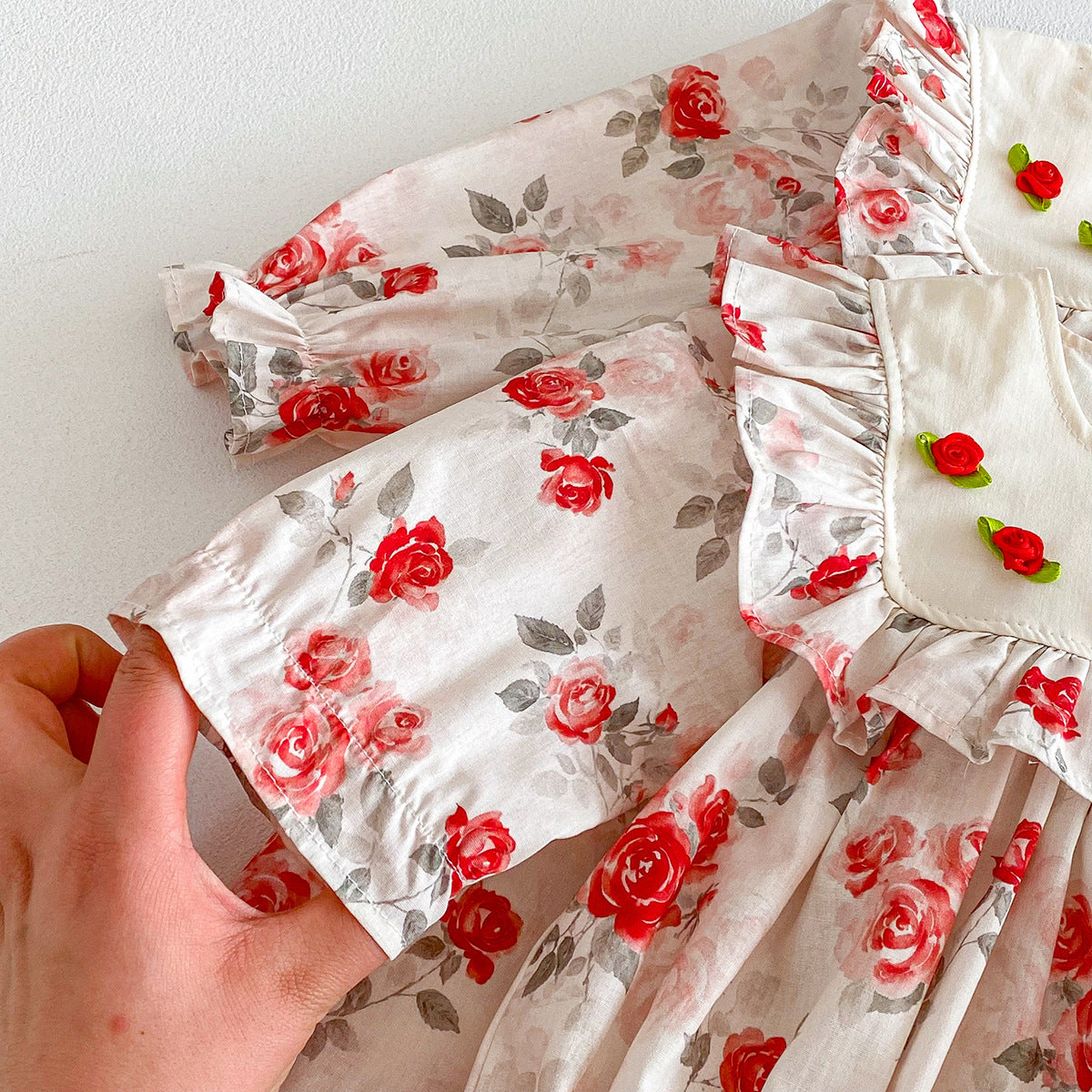 (In Production)Sisters Fall Rose Print Ruffle Dress&Romper