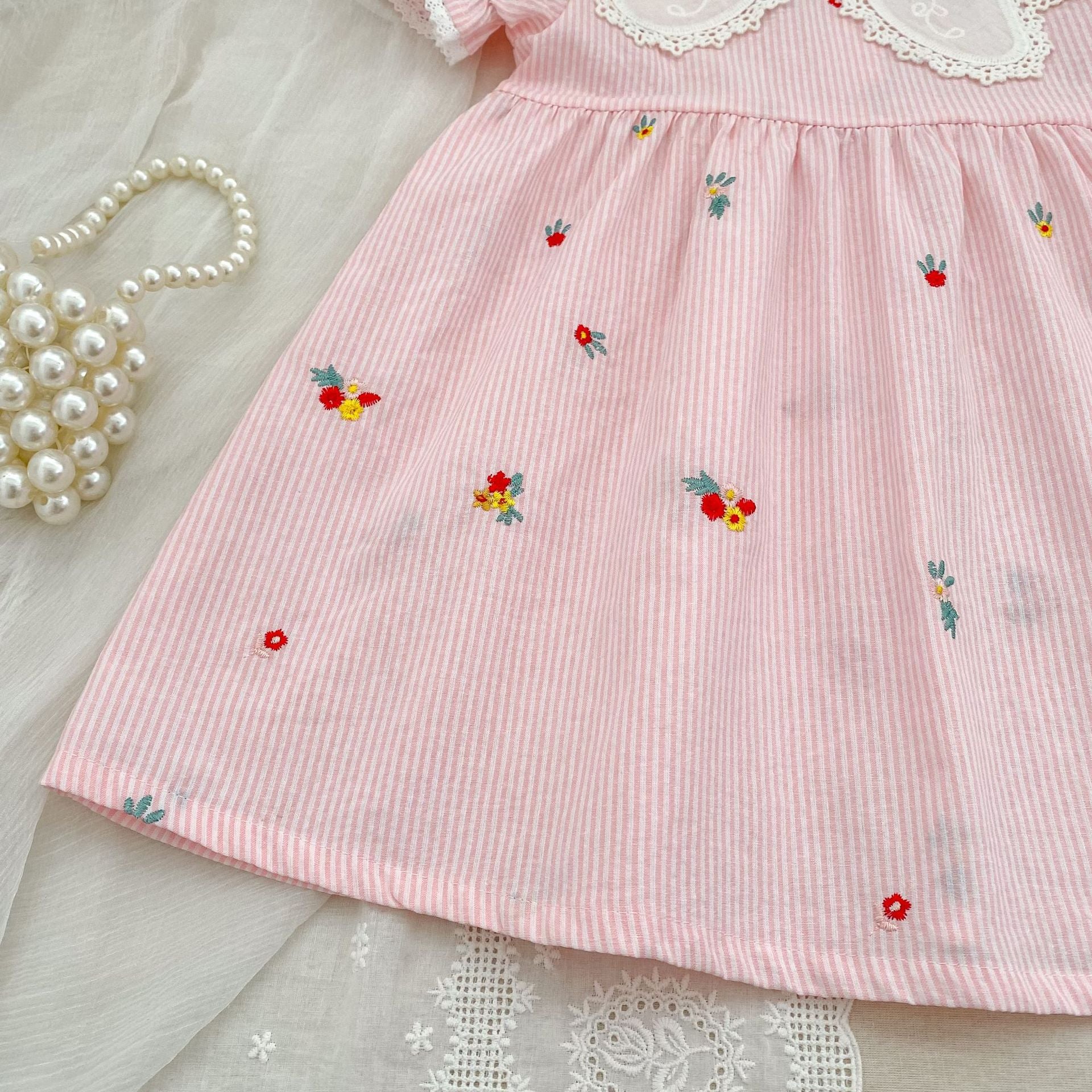 (Pre Order 2 Weeks)Sisters Floral Embroidery Pink Stripe Dress&Romper