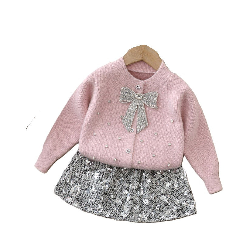 (In Production)Girls Fall&Winter Cardigan Sequin Skirt Set