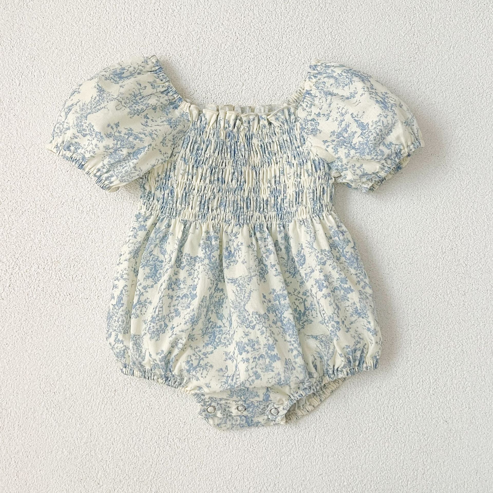 (In Production)Sisters Spring&Summer Blue Floral Print Smocked Dress,Romper