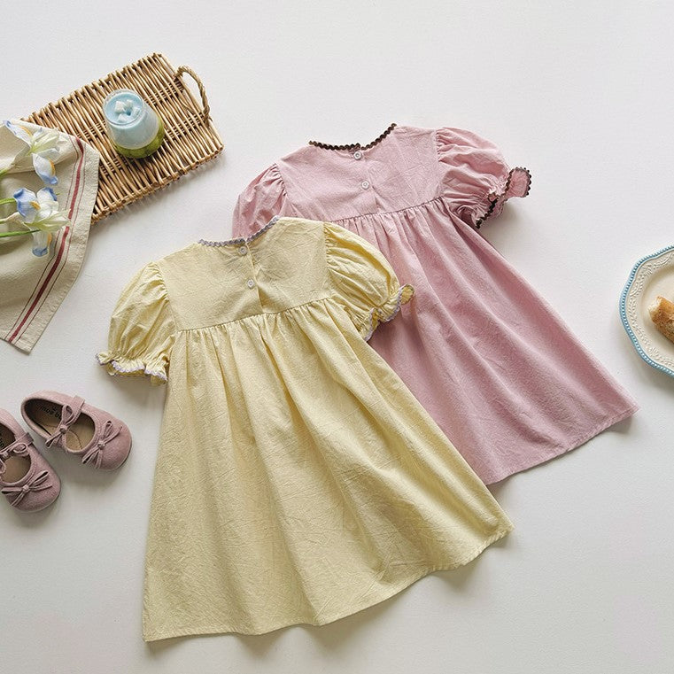 (In Production)Girls Spring&Summer Puff Sleeves Cotton Dress