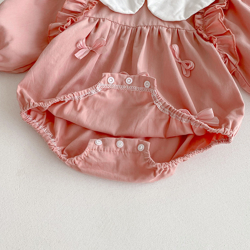 (In Production)Sisters Spring Pink Bow Doll Collar Dress&Romper