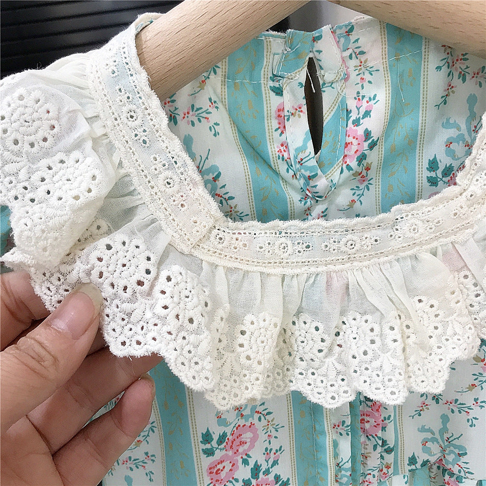 (In Production)Girls Spring&Summer Floral Print Lace Ruffle Dress