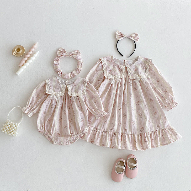 (In Production)Sisters Fall Floral Print Lace Bow Ruffle Dress&Romper