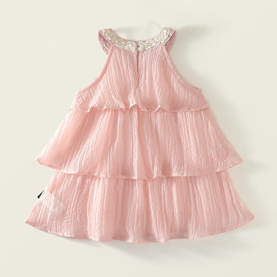 (In Production)Girls Pink Neck-wrap Tiered Dress