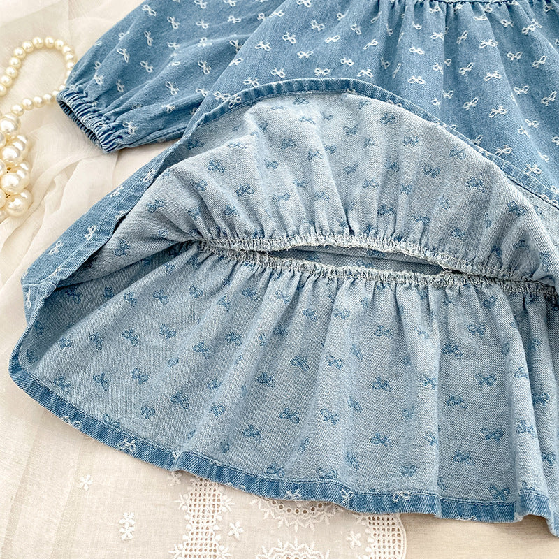 (Pre Order 2 Weeks)Sisters Fall Bow Ruffle Denim Dress&Romper