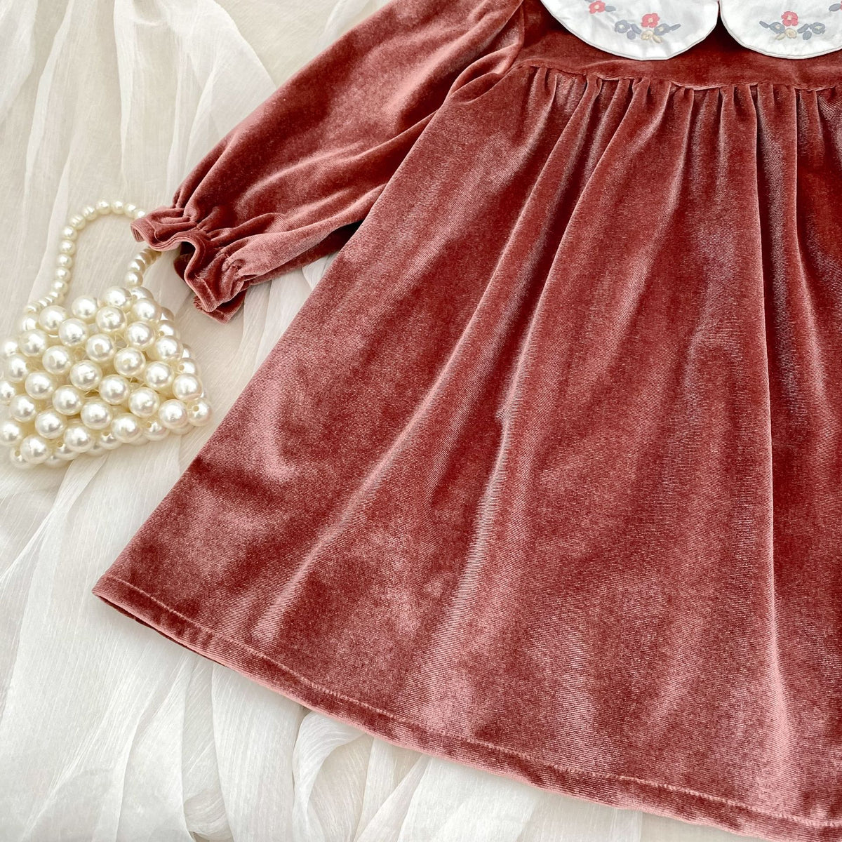(Pre Order 2 Weeks)Sisters Fall Embroidery Collar Velvet Dress