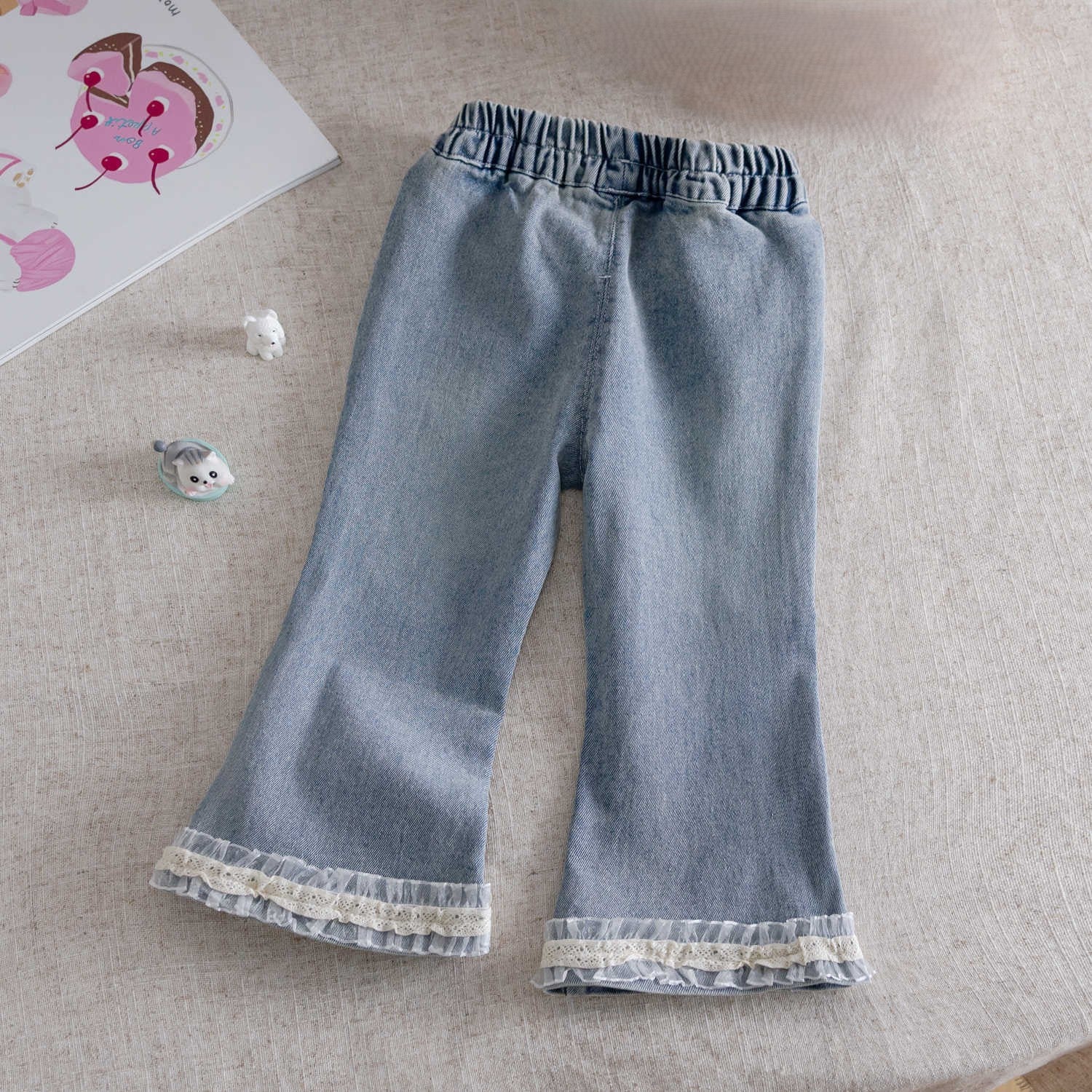 (In Production)Girls Spring&Summer Bow Lace Denim Flared Pants