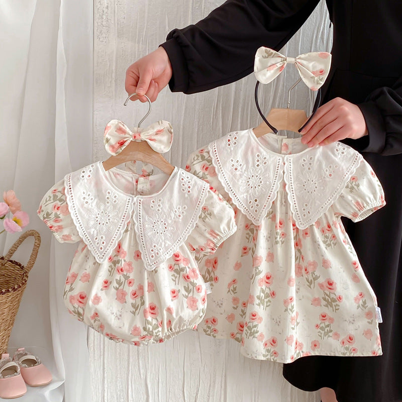 (In Production)Sisters Spring&Summer Coral Floral Print Dress,Romper