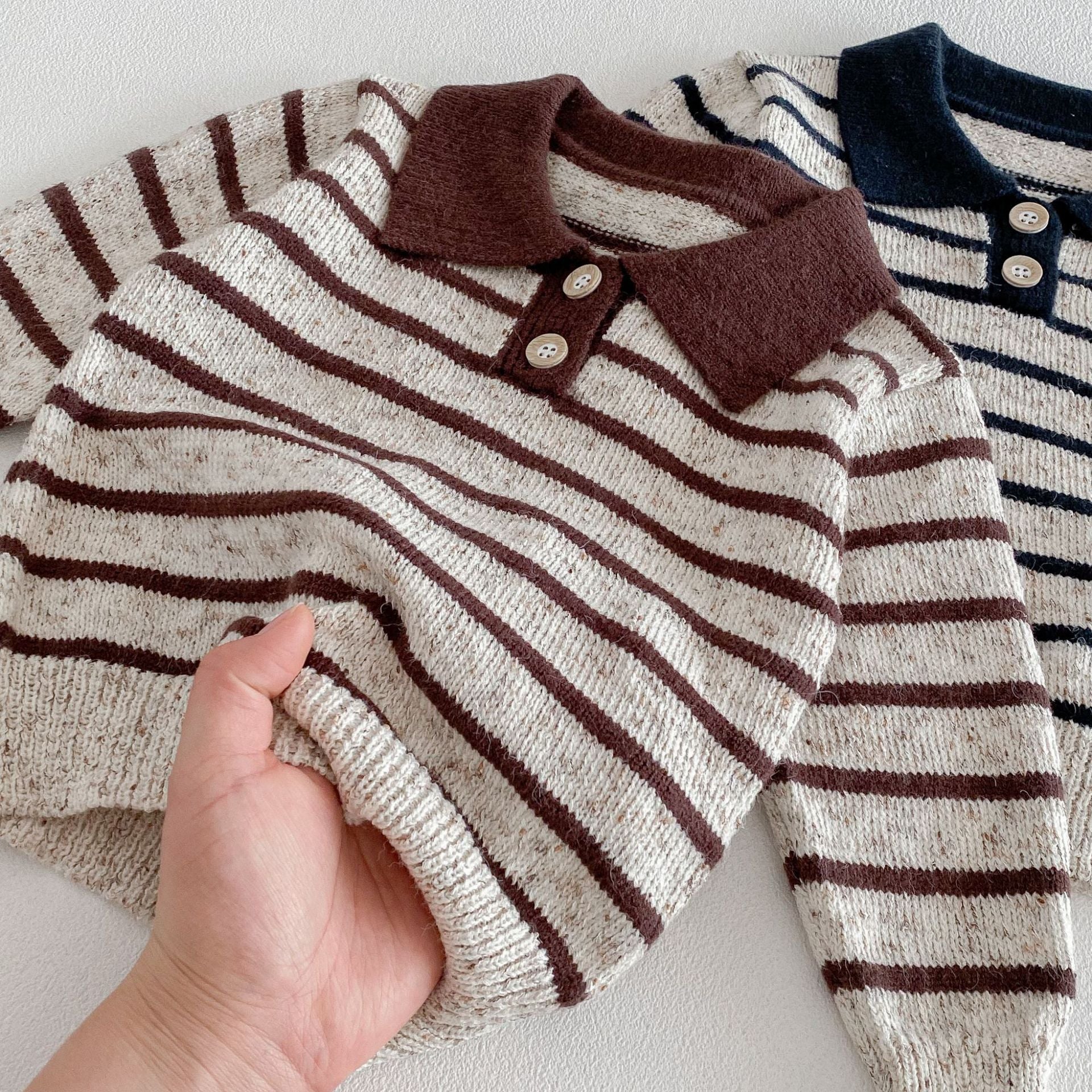 (Pre Order 2 Weeks)Unisex Fall Stripe Polo-neck Knitted Sweater