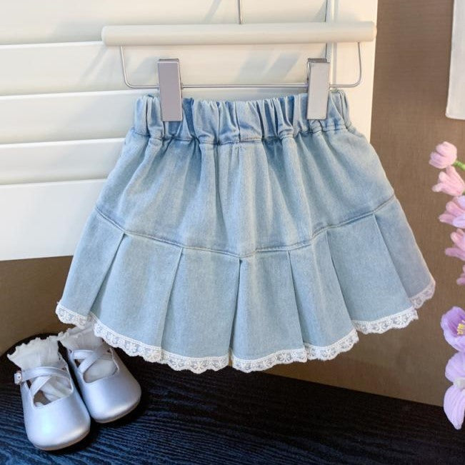(In Production)Girls Spring&Summer Bow Lace Denim Pleated Skirt