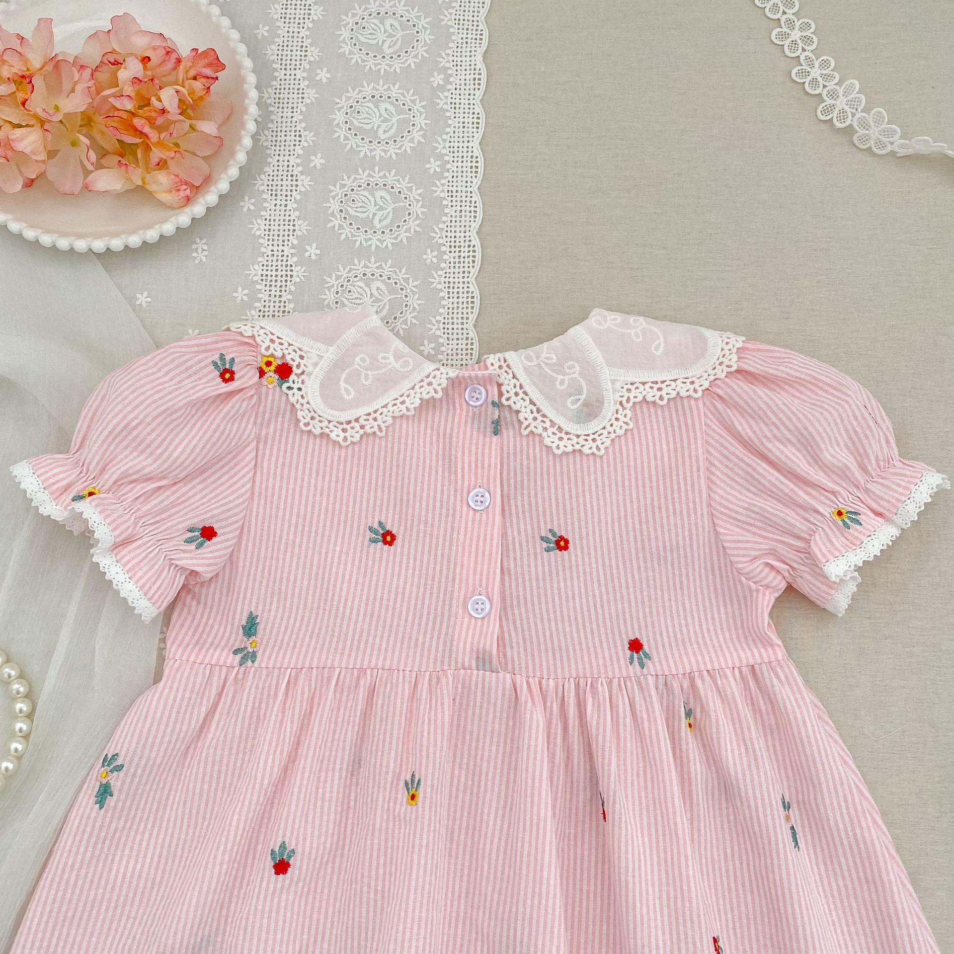 (Pre Order 2 Weeks)Sisters Floral Embroidery Pink Stripe Dress&Romper