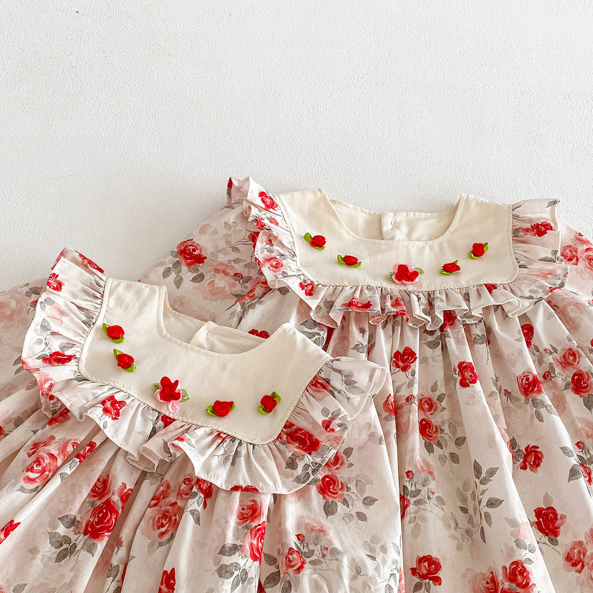 (In Production)Sisters Fall Rose Print Ruffle Dress&Romper