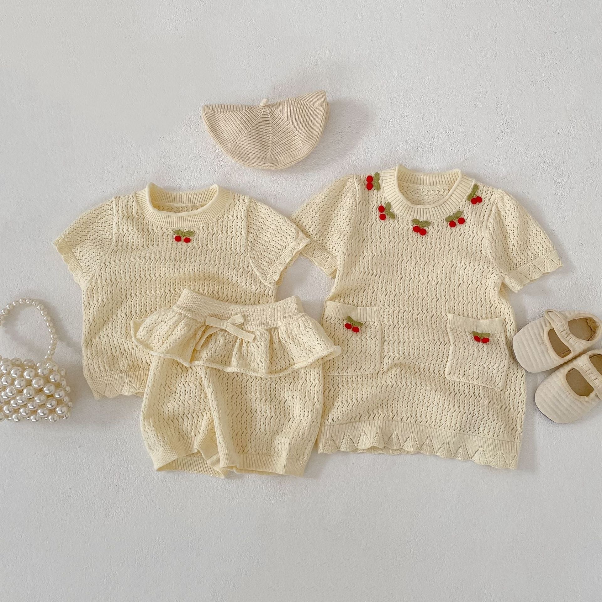 (In Production)Girls Spring&Summer Knitted Ruffle Cherry Dress&Shorts Set