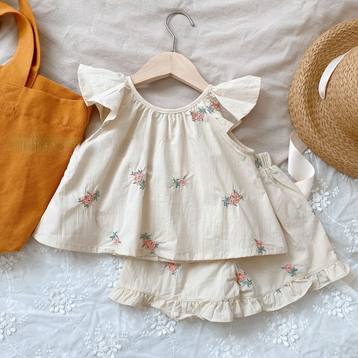 (In Production)Girls Spring&Summer Floral Embroidery Shorts Set