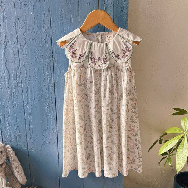 (In Production)Girls Spring&Summer Goose Embroidery Petal Collar Dress