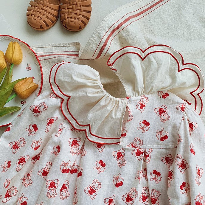 (In Production)One Pack(6 Pieces total)Sale Girls Fall Cherry Embroidery Scallop Dress