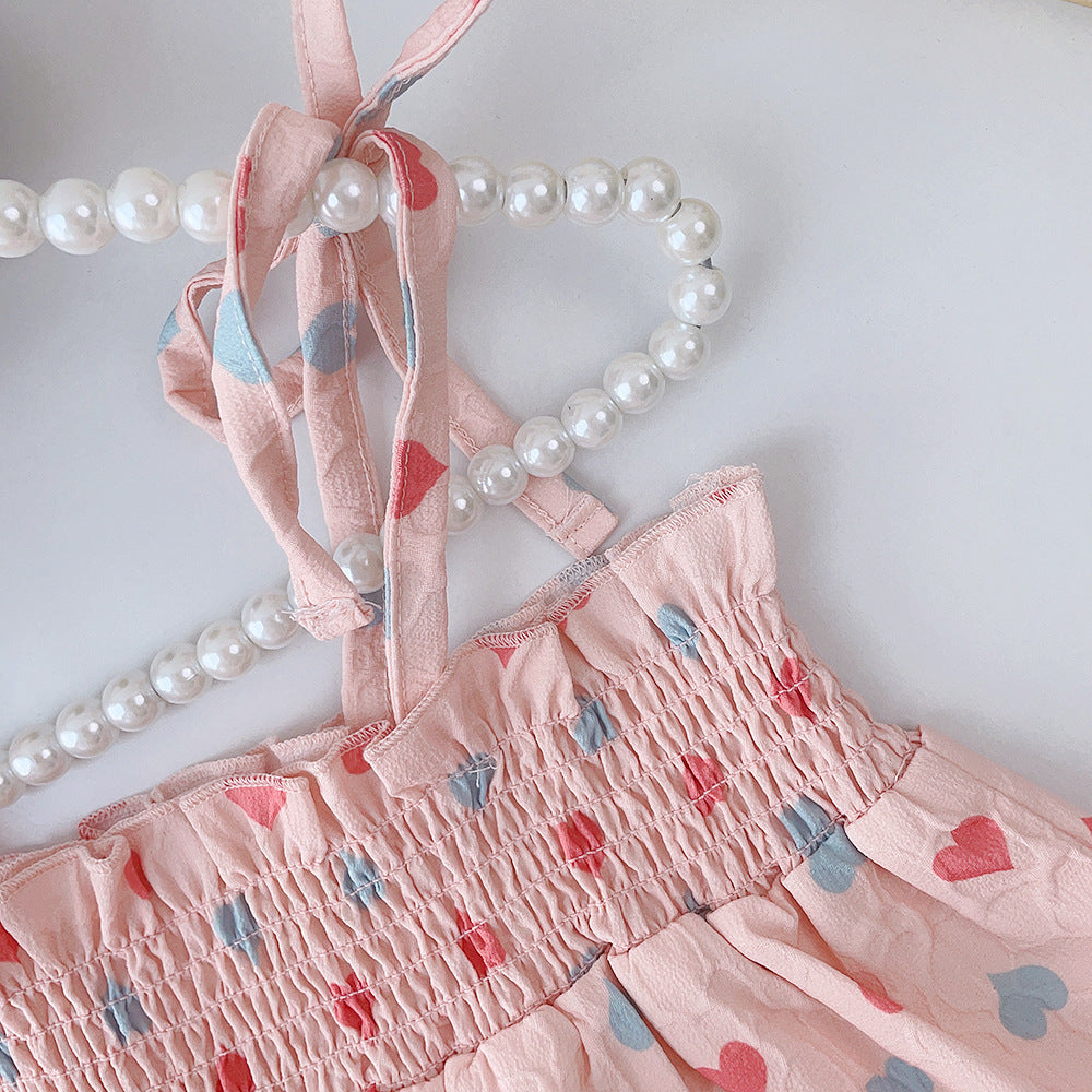 (In Production)Girls Spring and Summer Heart Print Smocked Shorts Set