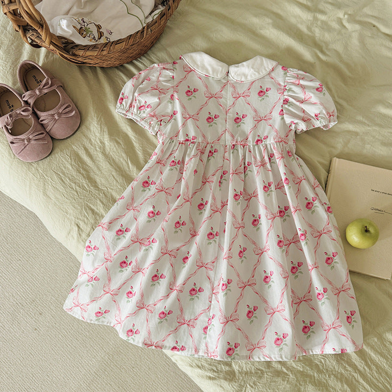 (In Production)Girls Spring&Summer Rose Print Smocked Dress