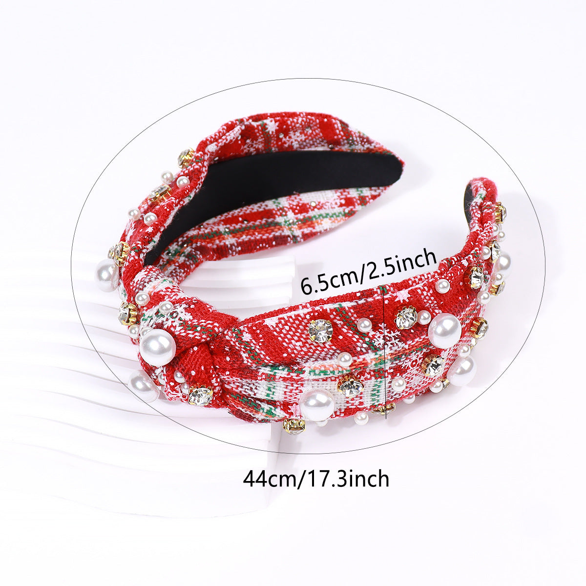(Pre Order)Stylish Christmas Pearl Rhinestone Plaid Headband