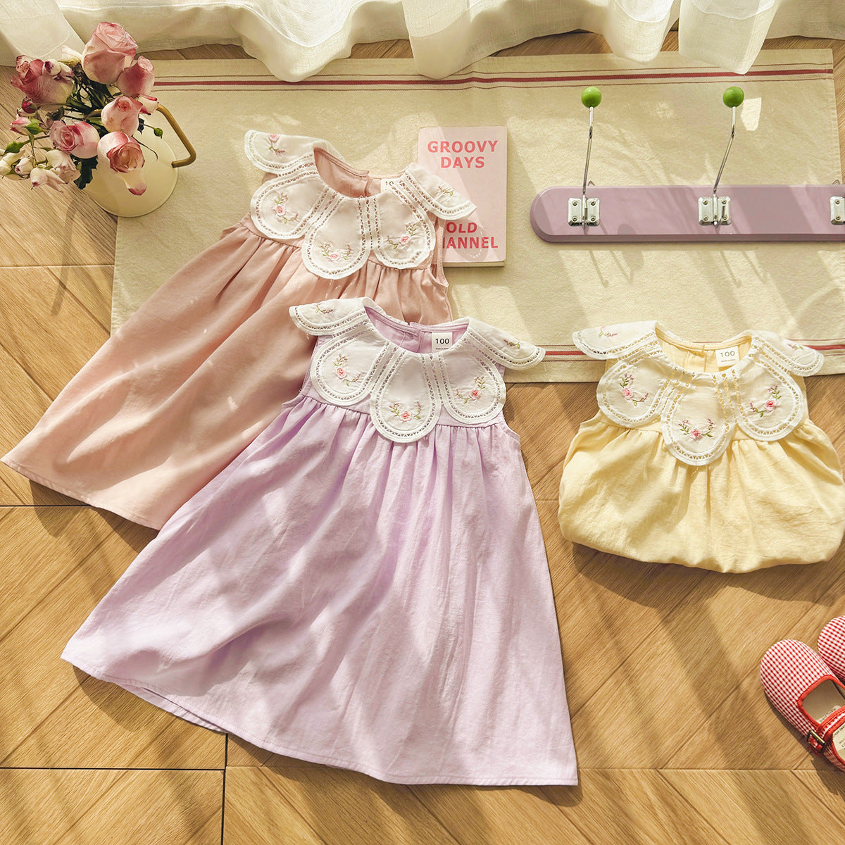 (In Production)Girls Spring&Summer Floral Embroidery Petal Collar Dress