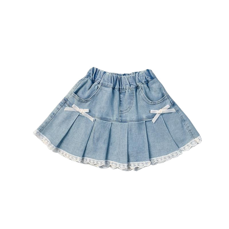 (In Production)Girls Spring&Summer Bow Lace Denim Pleated Skirt