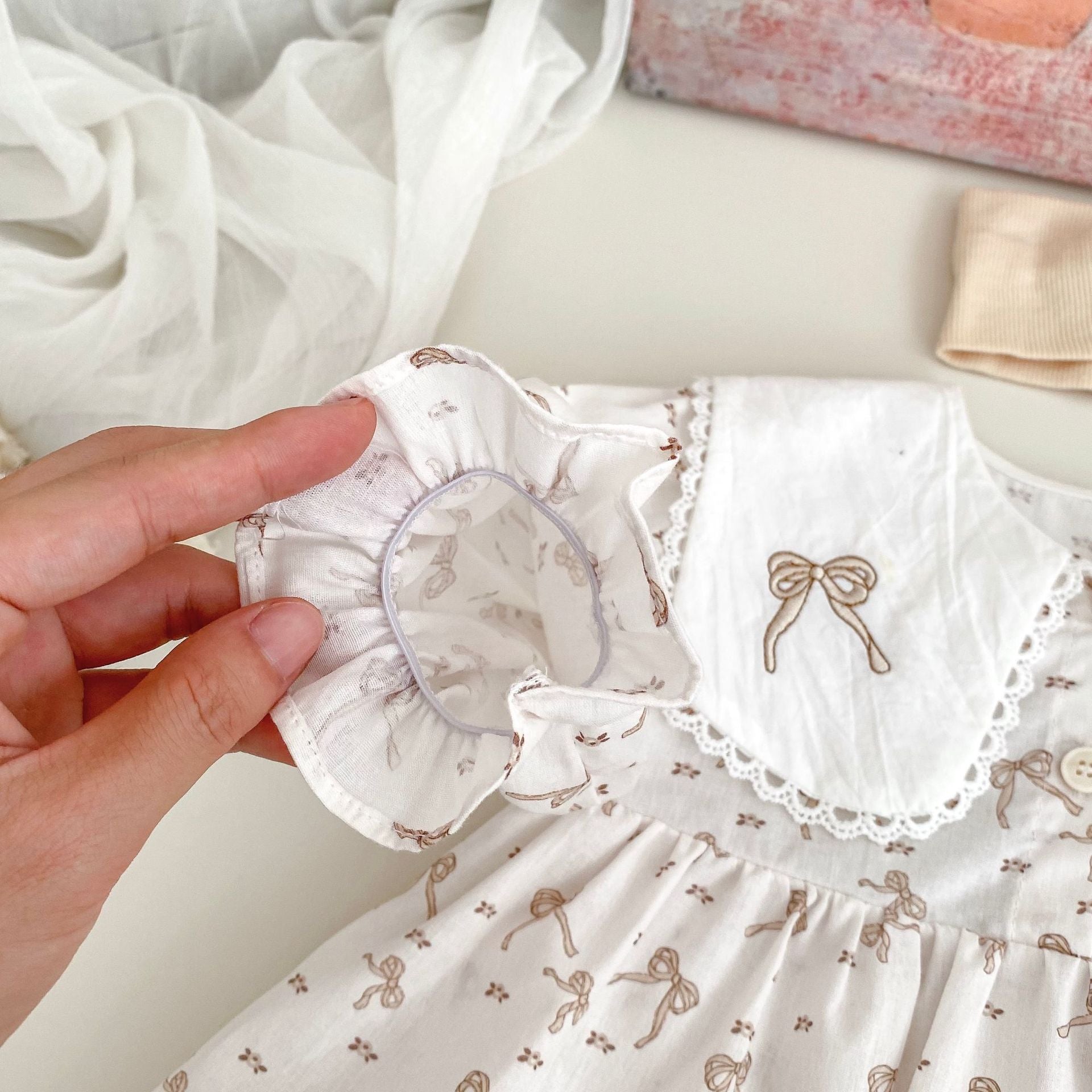 (In Production)Girls Fall Bow Embroidery Baby Collar Romper