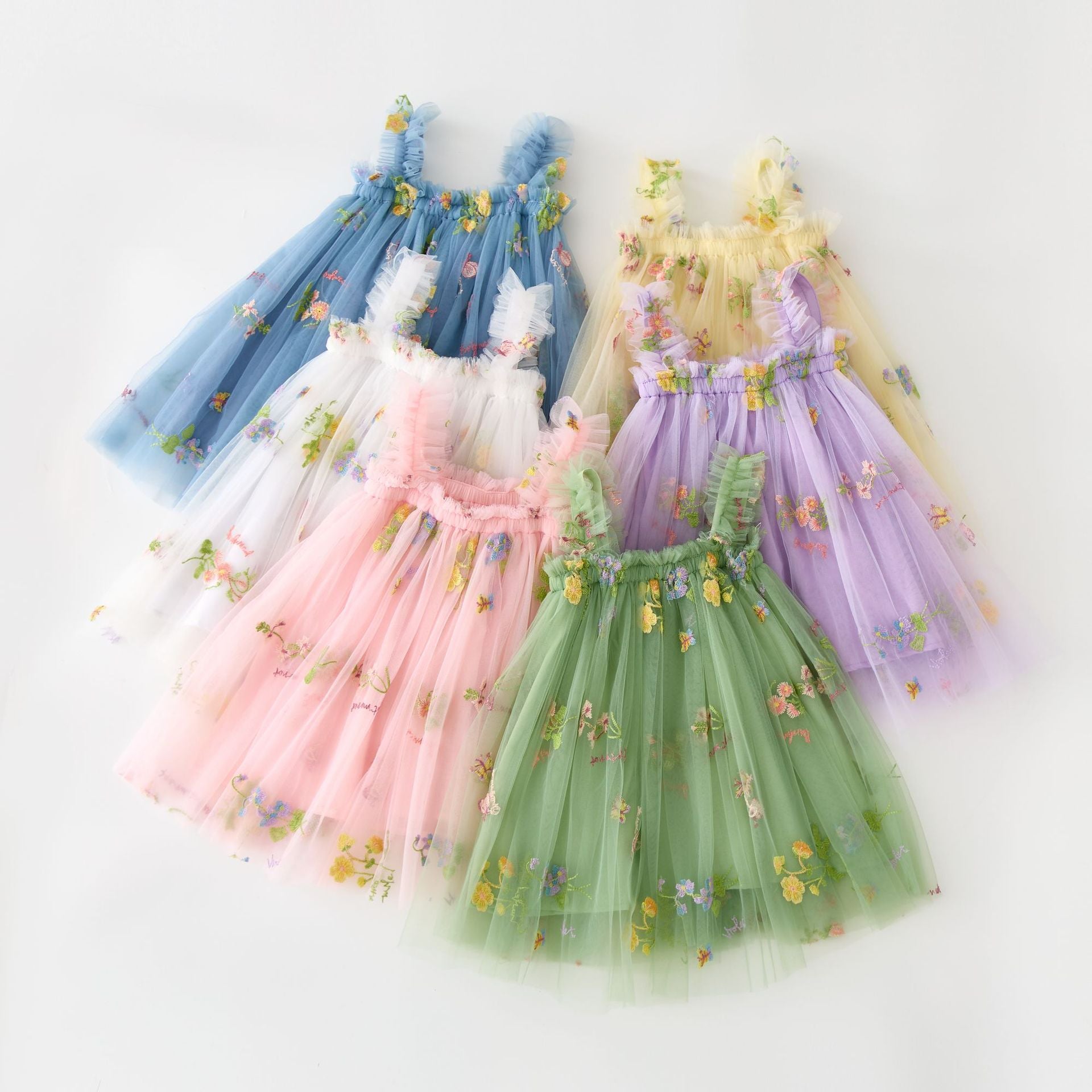 (In Production)Girls Spring&Summer Floral Embroidery Tulle Dress