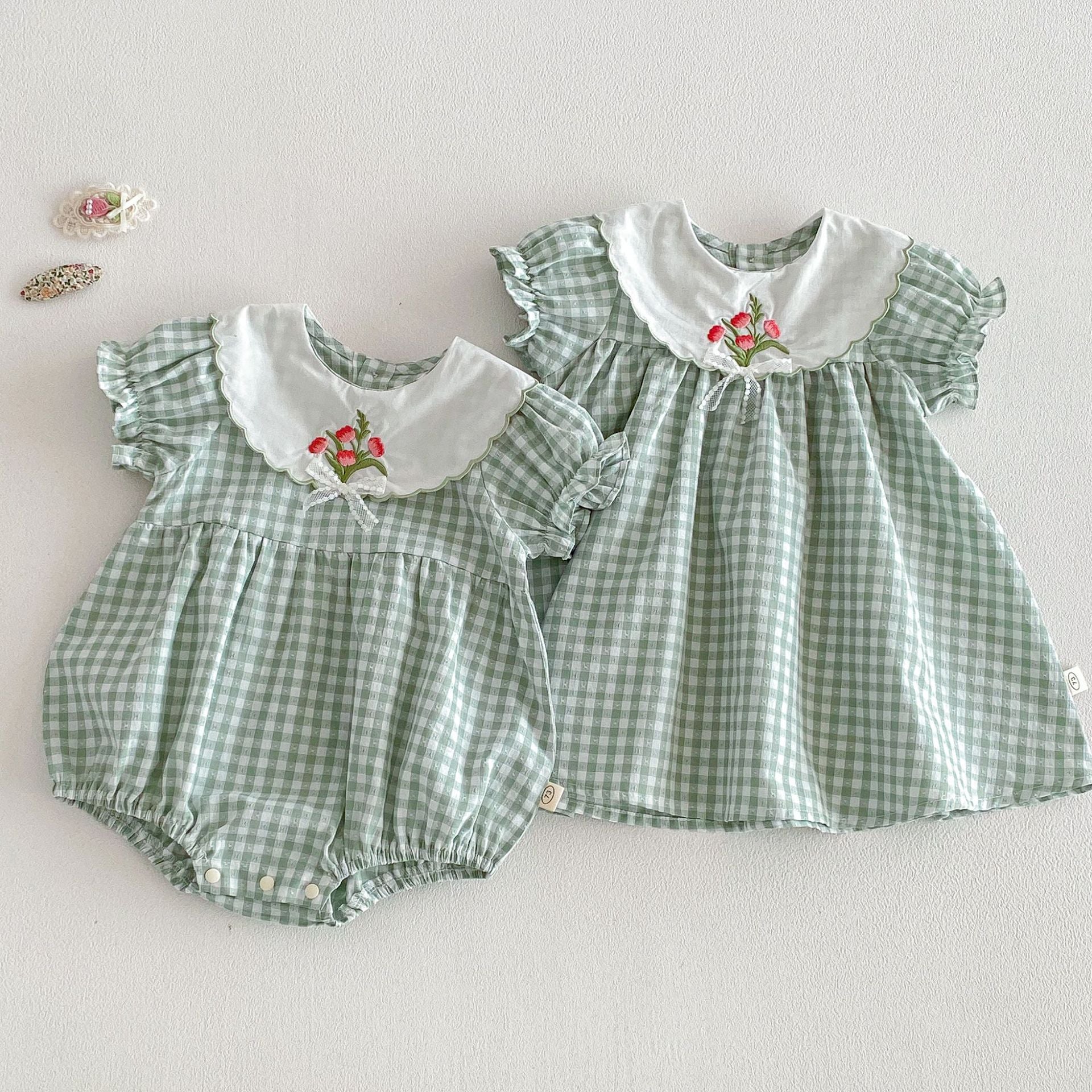 (In Production)Sisters Summer Floral Embroidery Scallop Collar Dress&Romper