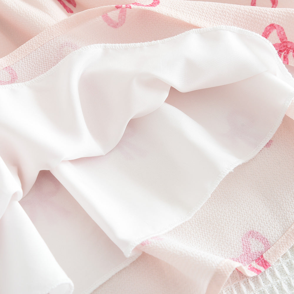 (In Production)Girls Spring and Summer Bow Print Puffed Sleeves Dress