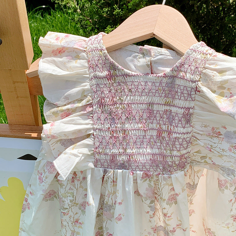 (In Production)Girls Spring&Summer Floral Print Smocked Ruffle Dress