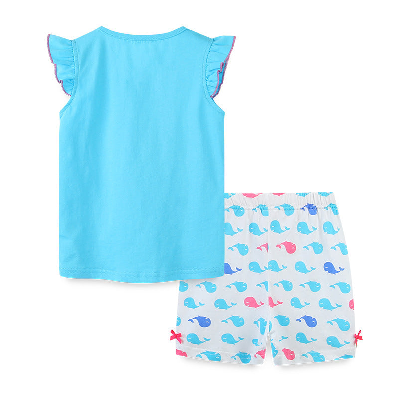 (In Production)Girls Spring&Summer Whale Print Cotton Shorts Set