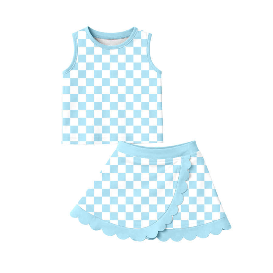 (In Production)Girls Spring&Summer Plaid Yoga Scallop Skort Set